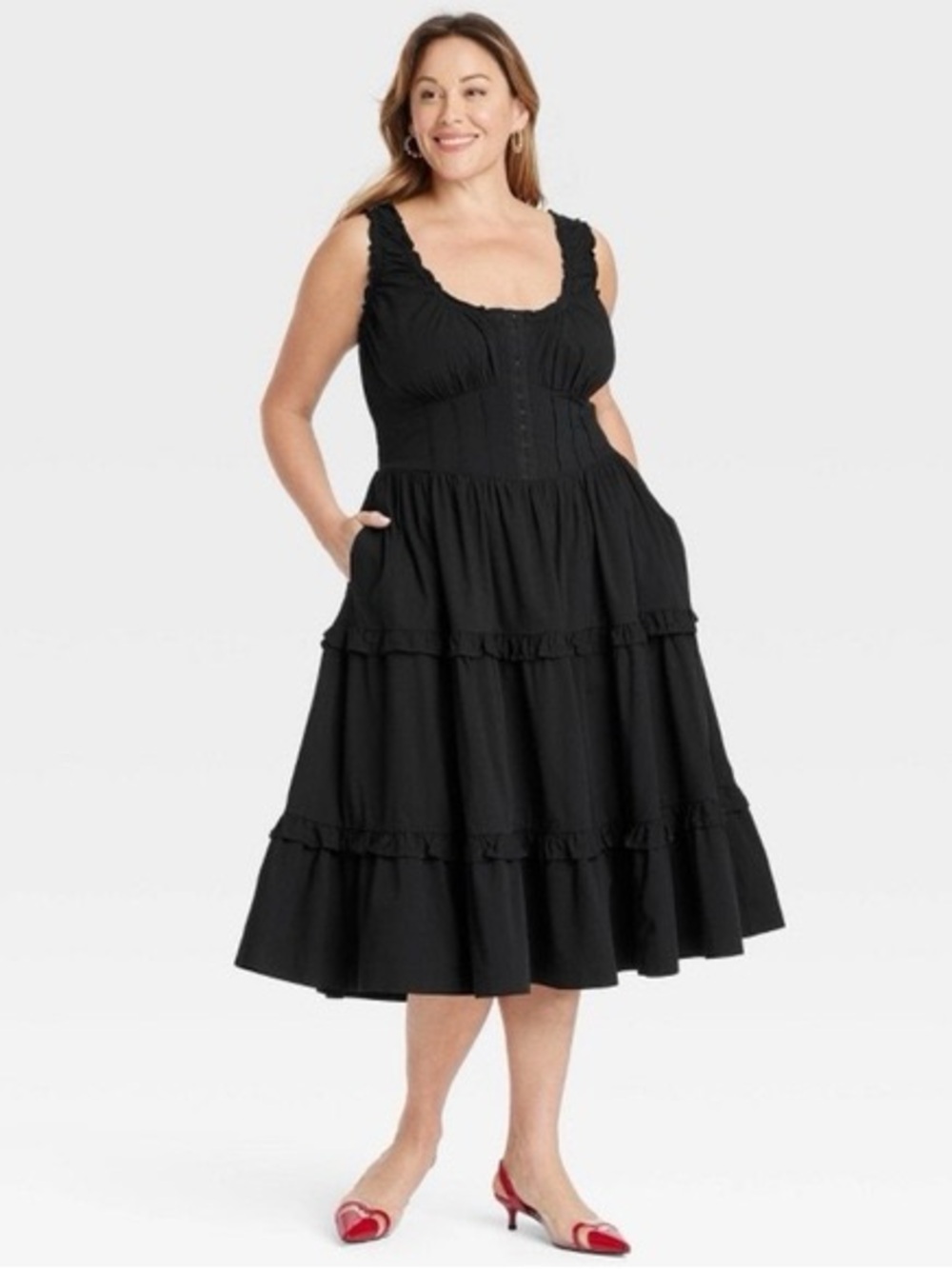 Ava & Viv Black Tiered Midi Dress with Ruffle Straps